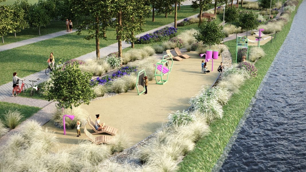 Wizualizacja nowej strefy relaksu nad wodą z ławkami, ścieżkami i roślinami, obok akwenu.