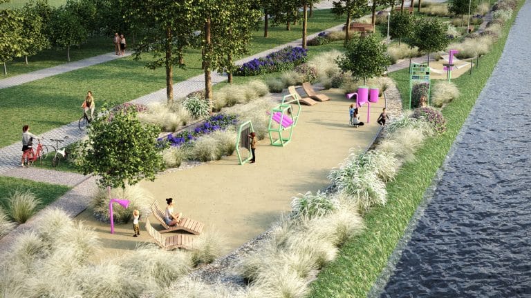 Wizualizacja nowej strefy relaksu nad wodą z ławkami, ścieżkami i roślinami, obok akwenu.