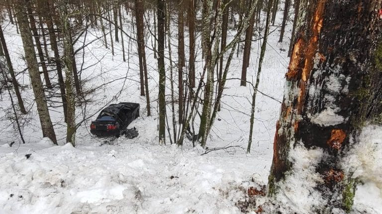 Samoch&oacute;d wjechał głęboko w las, zatrzymując się między drzewami po wypadku na śliskiej nawierzchni.