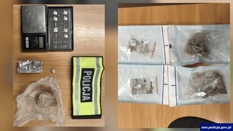 Zabezpieczone narkotyki i waga podczas kontroli drogowej w Nidzicy.