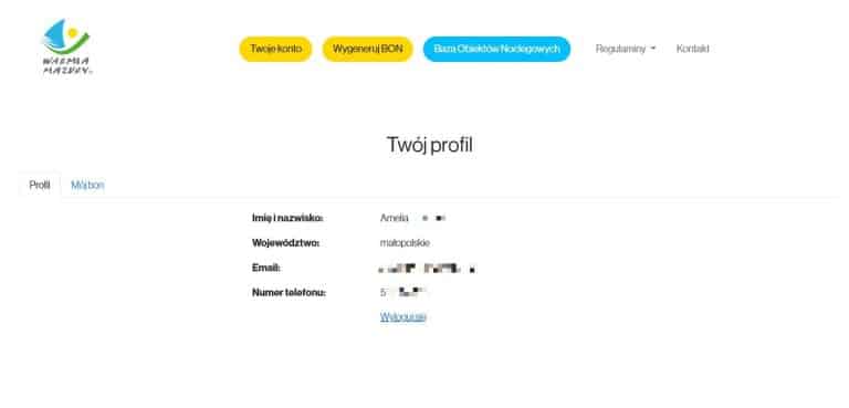 Zrzut ekranu profilu użytkownika na stronie regionalnego bonu turystycznego na Warmii i Mazurach.