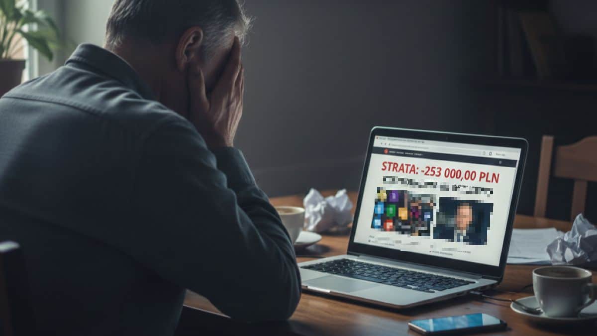 Mężczyzna z rękami na głowie patrzy na ekran komputera z informacją o stracie 253 tys. zł.