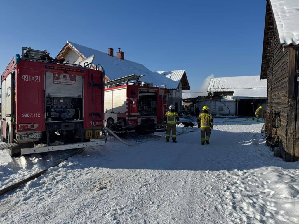 Strażacy gaszą pożar budynku gospodarczego w miejscowości Inulec, w tle śniegowe dachy i niebo.