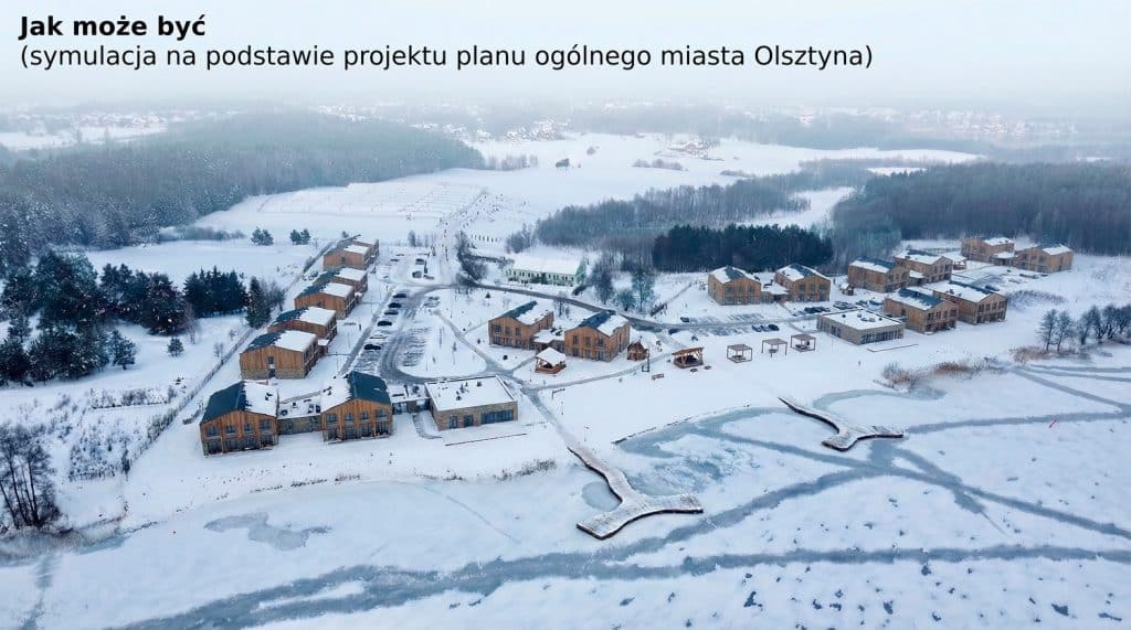 Zdjęcie zimowego krajobrazu z wieżowcem, lasami i jeziorem w tle, przedstawiające plan rozwoju miasta Olsztyn.