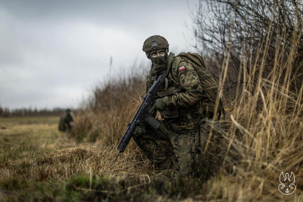 Żołnierz w kamuflażu z bronią, ukryty w trawie na polu, w tle chmurne niebo.