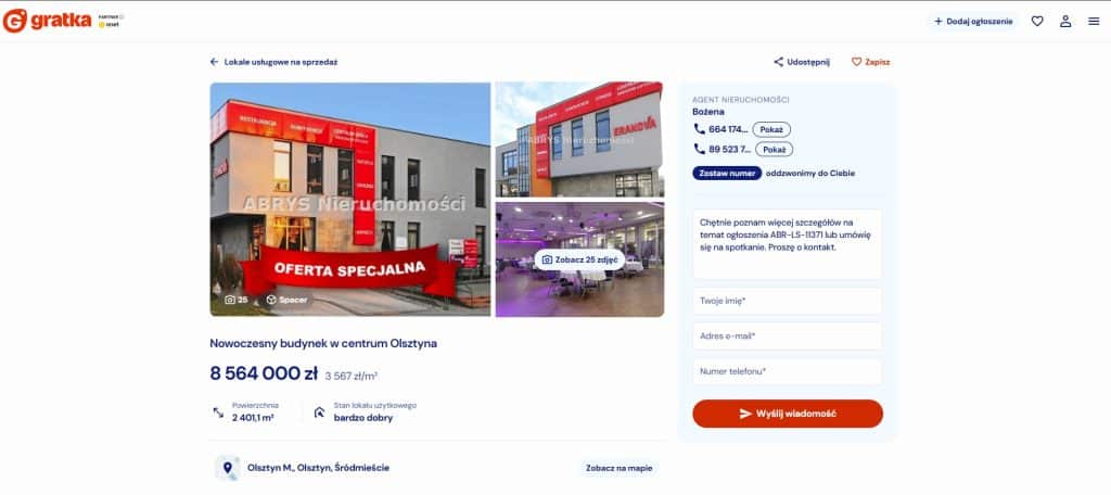 Nowoczesny budynek w centrum Olsztyna z widoczną szkołą tańca i salami na wydarzenia.