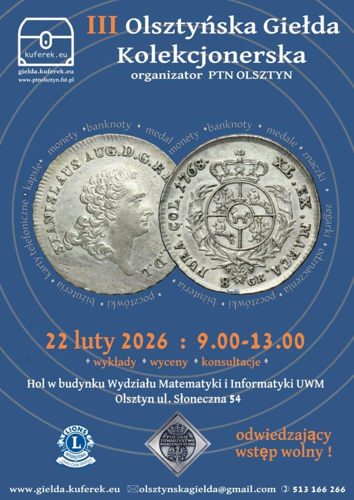 Plakat promujący giełdę kolekcjonerską z wizerunkami monet i informacjami o wydarzeniu.