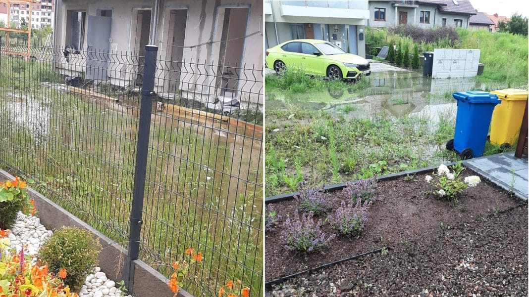 Zalane posesje i parking w zabudowie szeregowej w Olsztynie, widok na wodę i uszkodzone tereny.
