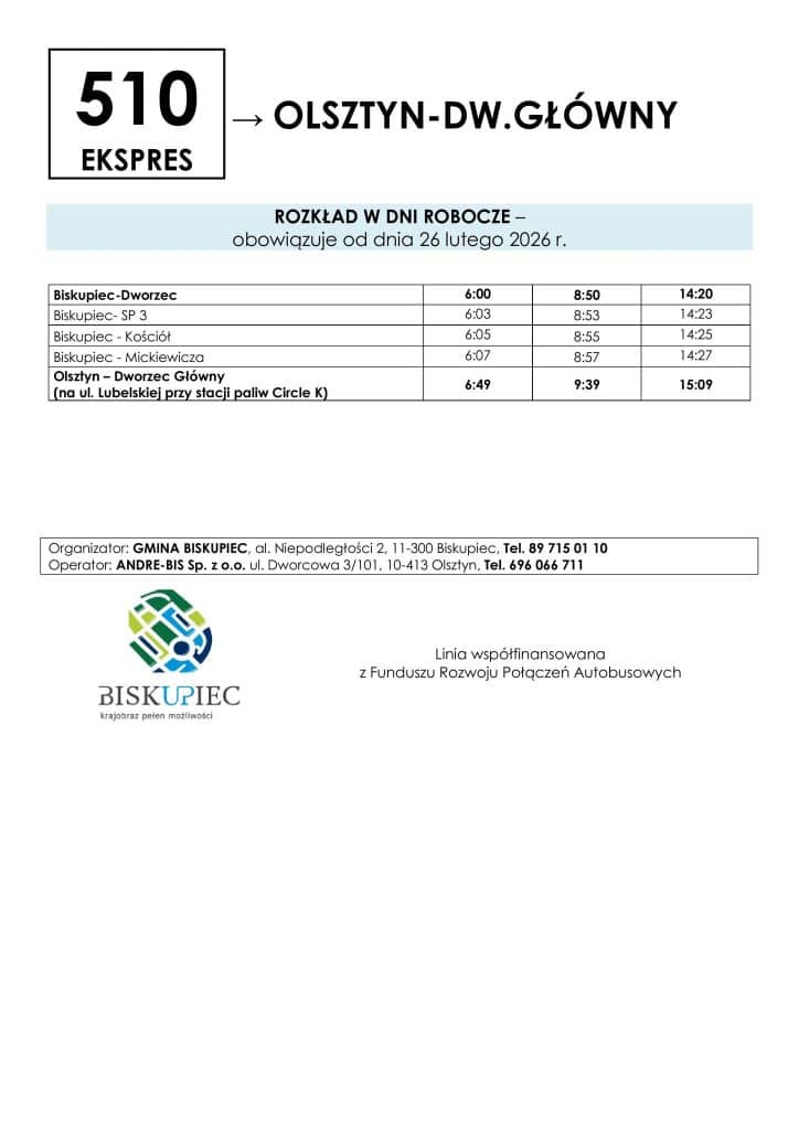 Rozkład jazdy nowej linii autobusowej 510 ekspres z Biskupca do Olsztyna.
