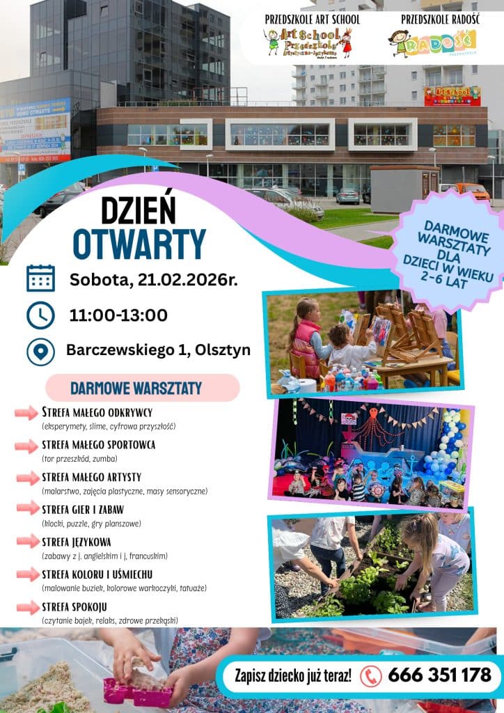 Plakat promujący dzień otwarty w żłobku i przedszkolu Art School w Olsztynie, z informacjami o wydarzeniu i zdjęciami dzieci podczas zajęć.