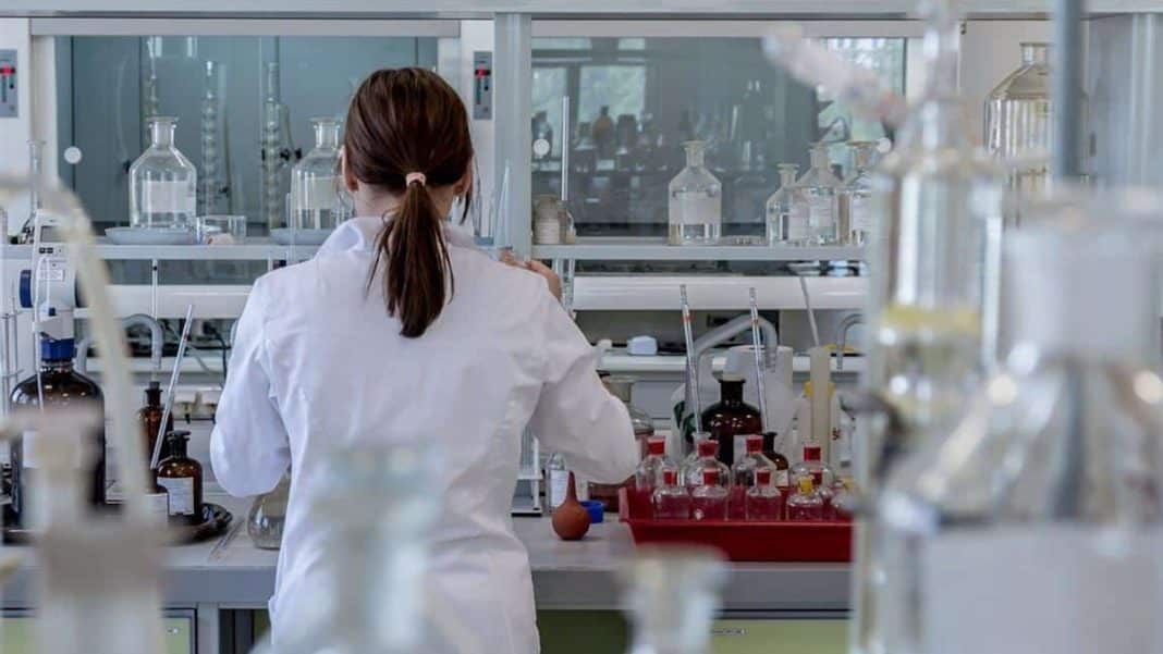 Laborantka pracująca w laboratorium, widok od tyłu, otoczenie prob&oacute;wek i sprzętu chemicznego.