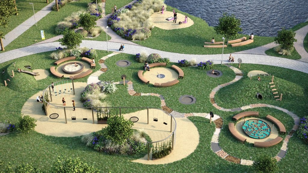 Widok na nowo zaprojektowany teren nad wodą z placami zabaw, ścieżkami i strefami relaksu.