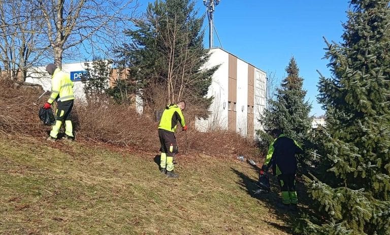 Pracownicy miejscy sprzątają teren zielony w Olsztynie na początku wiosennych porządk&oacute;w.