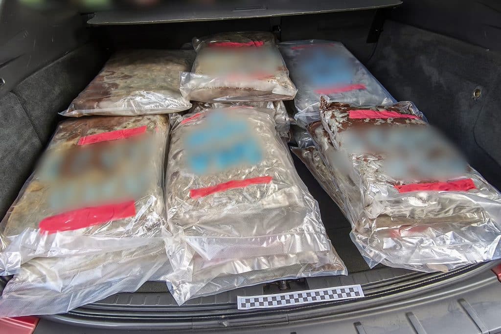 Zabezpieczone pakiety nielegalnego towaru w bagażniku samochodu podczas akcji służb.