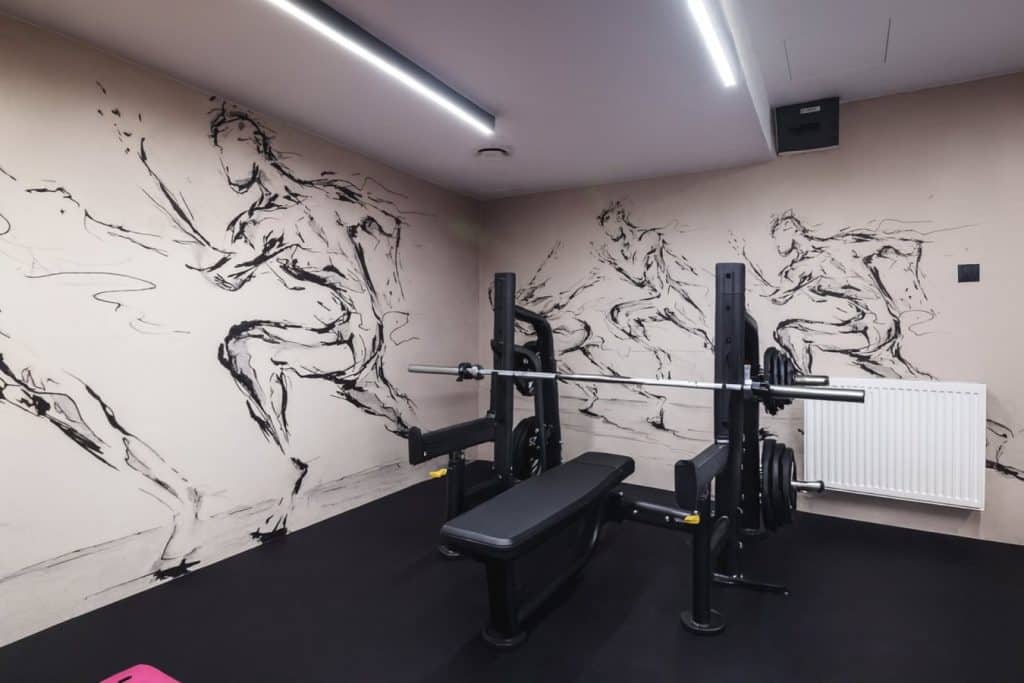 Wnętrze siłowni z muralem koni na ścianie, sprzętem do ćwiczeń i radiatorem.