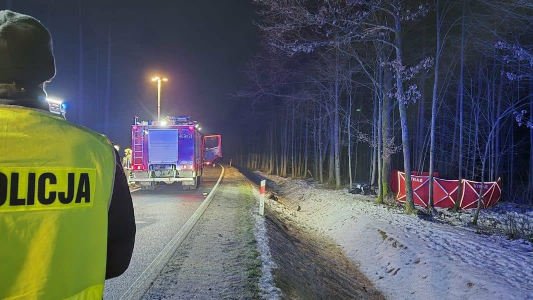 Widok na miejsce wypadku motocyklisty na drodze wojew&oacute;dzkiej, z ratownikami i policją w nocy.