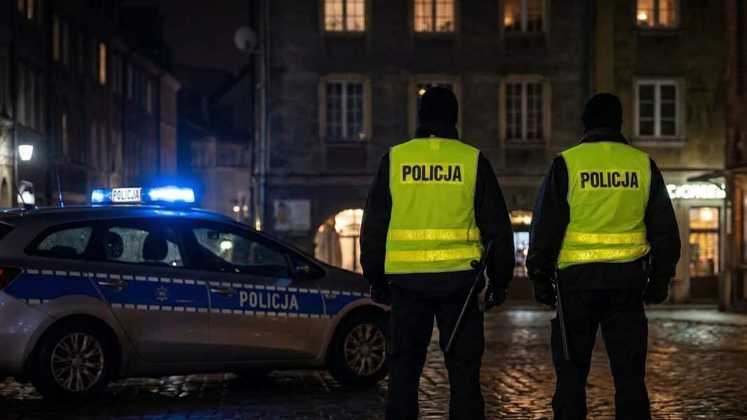 Policjanci na nocnym patrolu na olsztyńskiej star&oacute;wce, w tle radiow&oacute;z z włączonymi światłami.