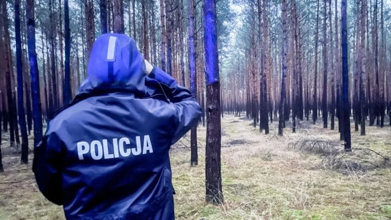 Policjant w lesie podczas poszukiwań zaginionej 17-latki, ubrany w kurtkę z napisem 'Policja'.