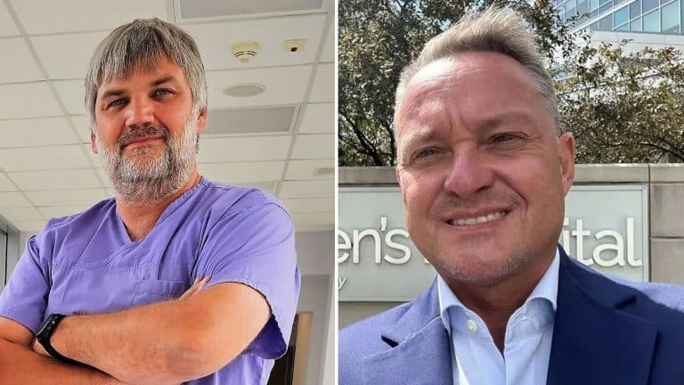 Dw&oacute;ch lekarzy z Olsztyna na zdjęciach, jeden w szpitalu, drugi na zewnątrz, oboje uśmiechnięci.