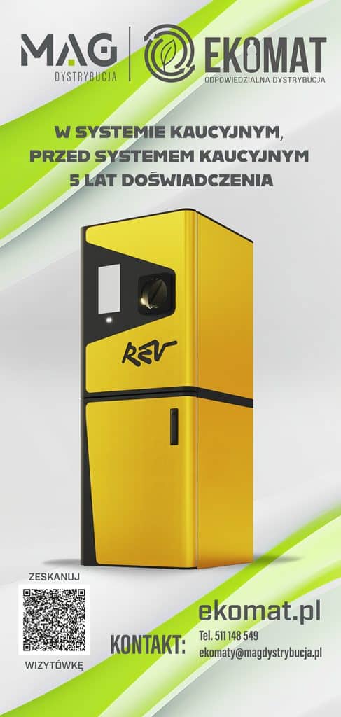 Reklama systemu kaucyjnego Ekomat na ż&oacute;łtym urządzeniu, promująca doświadczenie firmy.