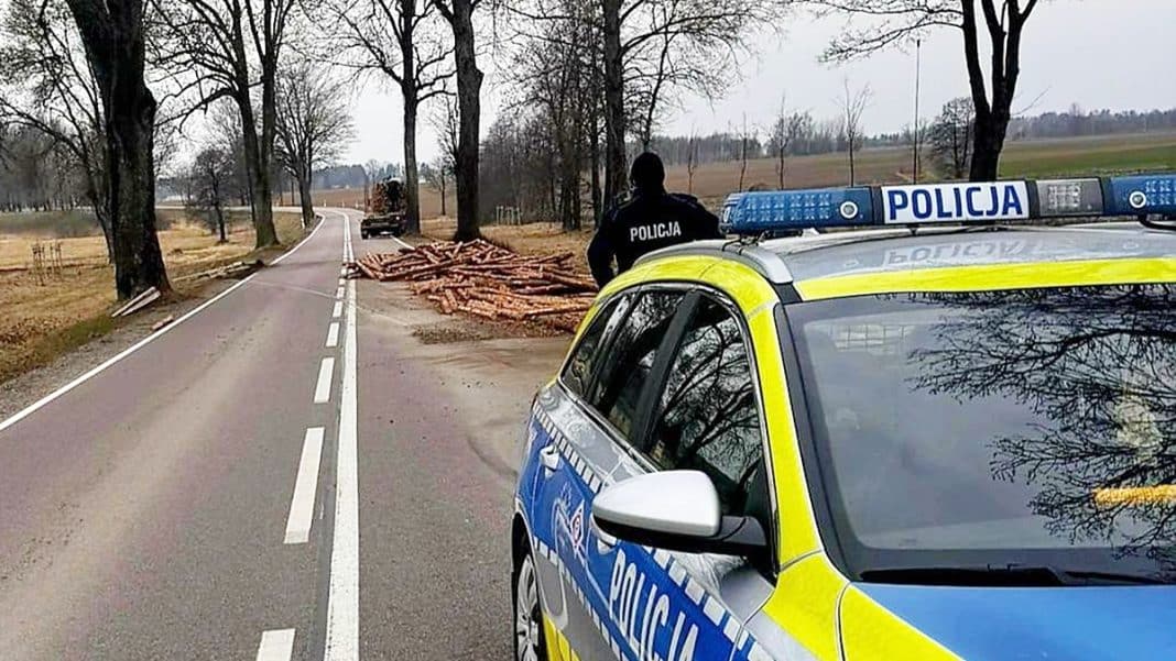 Na drodze wojew&oacute;dzkiej leżą rozrzucone kłody drewna po wypadku ciężar&oacute;wki, w tle policjant i radiow&oacute;z.
