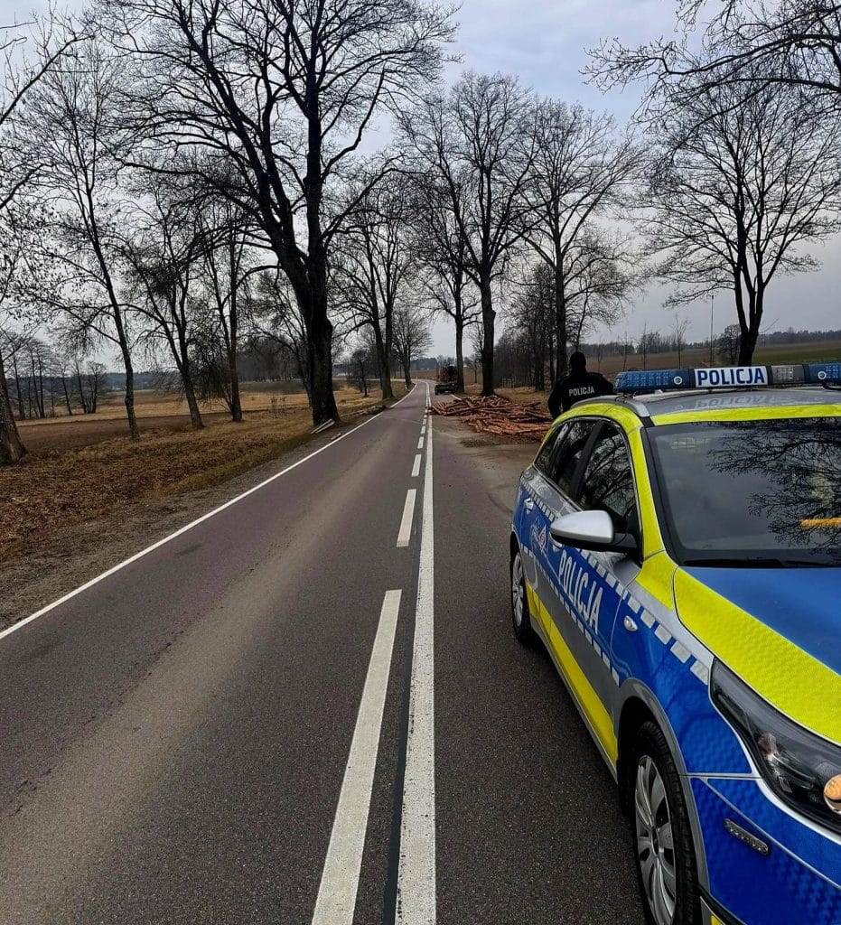 Na drodze wojew&oacute;dzkiej leżą rozrzucone kłody drewna po wypadku ciężar&oacute;wki, policja na miejscu zdarzenia.