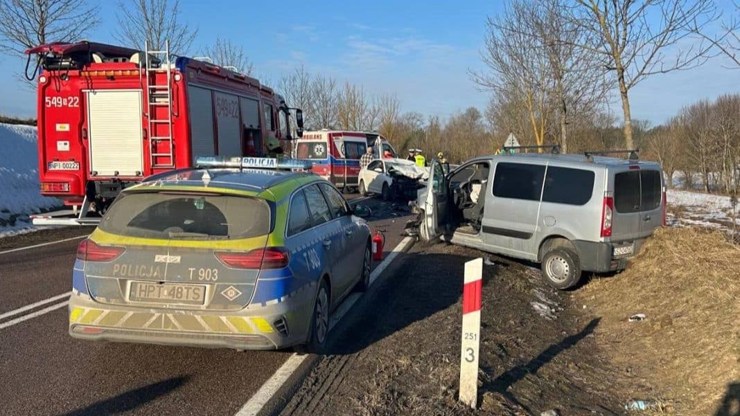 Wypadek na drodze krajowej nr 16 z udziałem samochod&oacute;w i straży pożarnej po zderzeniu z łosiem.