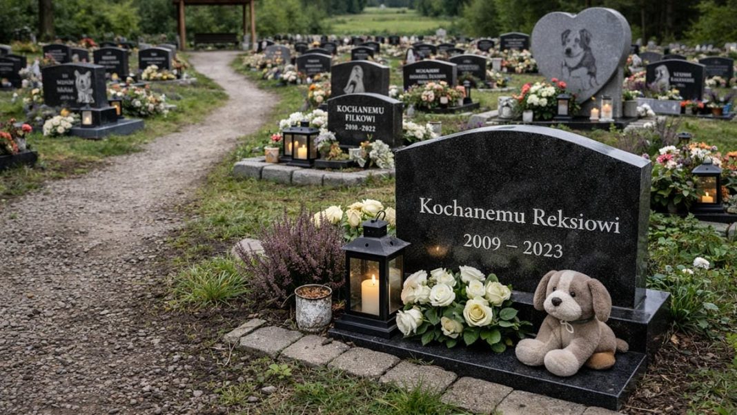 Nagrobek psa z kwiatami i lampionami na cmentarzu dla zwierząt w Dywitach pod Olsztynem.