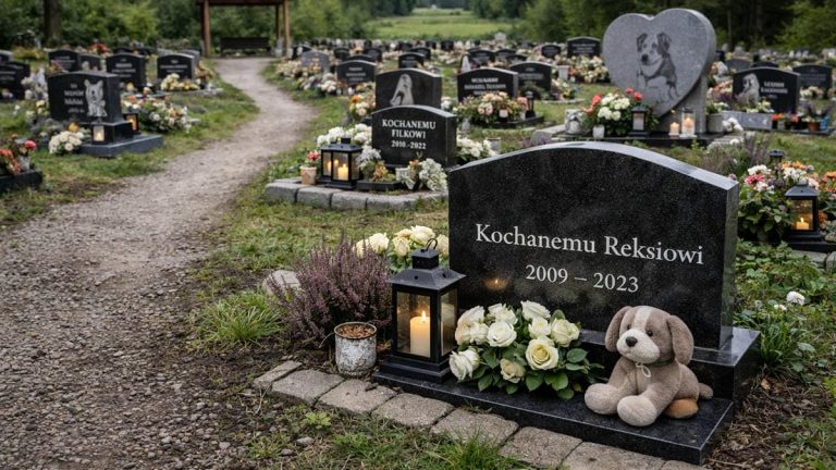 Nagrobek psa z kwiatami i lampionami na cmentarzu dla zwierząt w Dywitach pod Olsztynem.