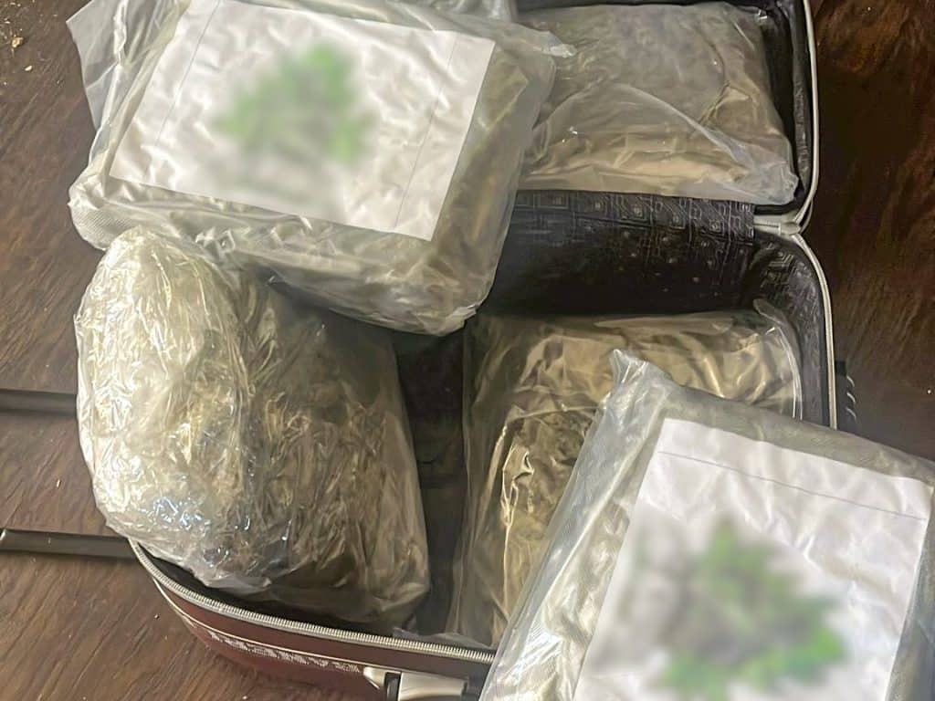 Przedmiotem zdjęcia jest otwarte czarne walizka z pakunkami zawierającymi nielegalny towar.