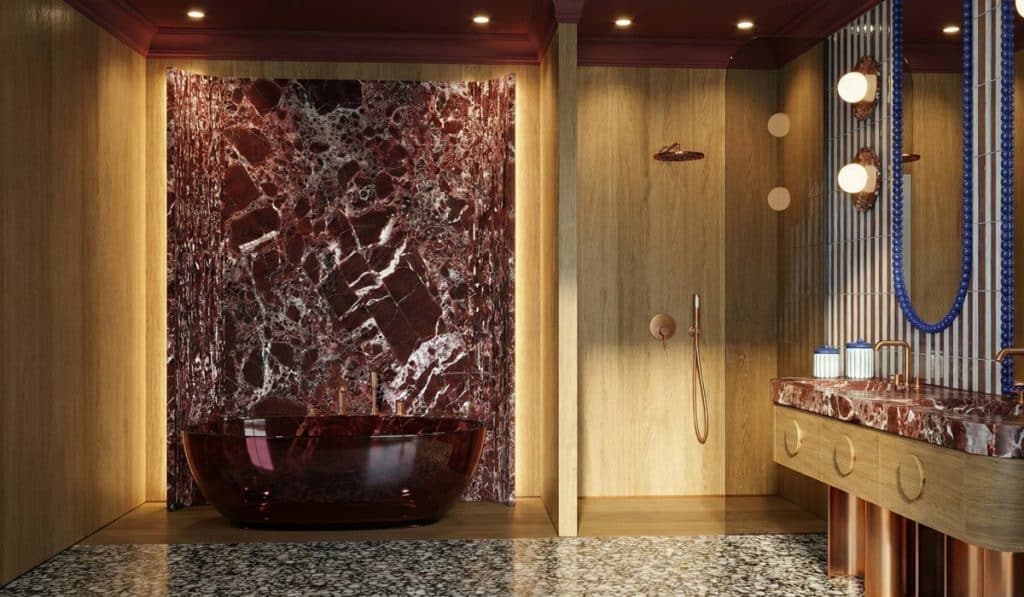 Wnętrze łazienki z marmurową wanną i ścianami z drewna, elegancka i nowoczesna aranżacja.