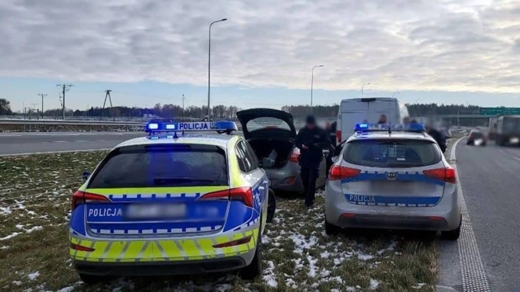 Radiowozy policyjne na poboczu z funkcjonariuszami, w tle rozświetlone niebieskimi światłami, na tle szarego nieba.