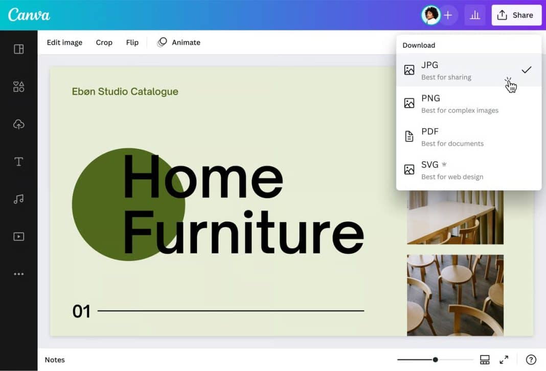 Ekran komputera z otwartym programem do tworzenia grafik, pokazujący opcje pobierania jako plik graficzny.