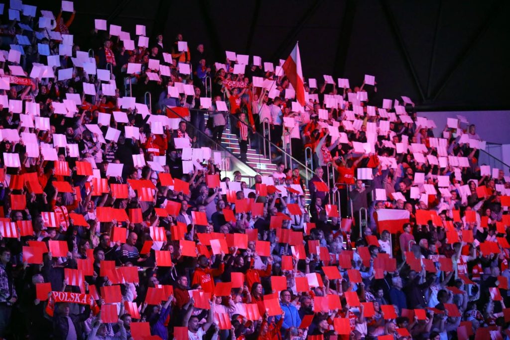 Tłum kibic&oacute;w na meczu piłki ręcznej, trzymających flagi i kartki w barwach Polski.