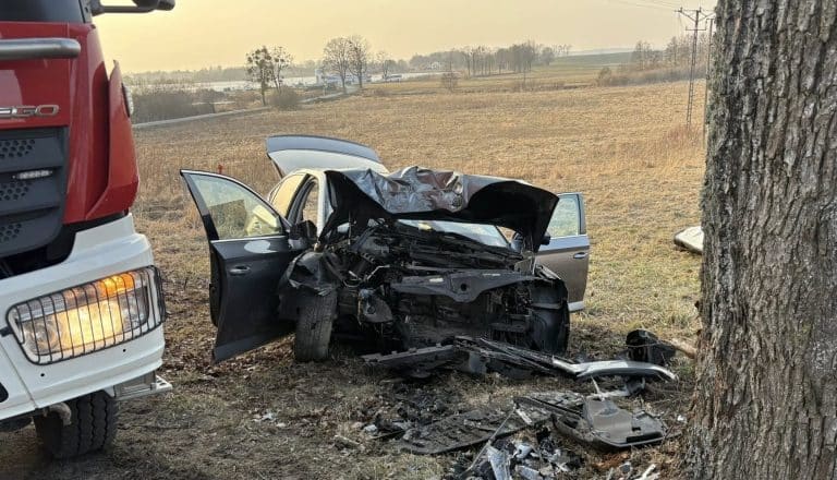 Rozbity samoch&oacute;d po uderzeniu w drzewo na polu pod Olsztynem, widoczne zniszczenia przodu pojazdu.