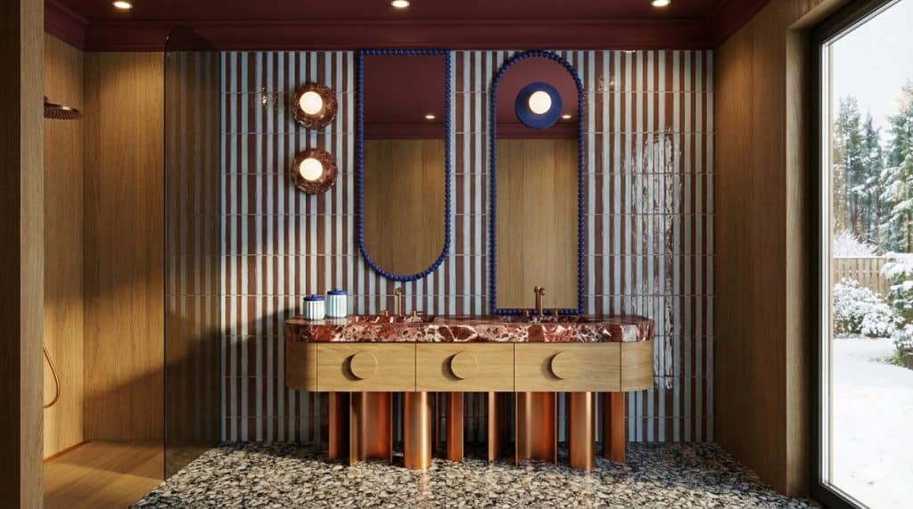Wnętrze z drewnianymi panelami, marmurową umywalką i dużym oknem z widokiem na śnieg.
