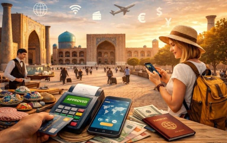 Turysta korzysta z telefonu i płatności bezgot&oacute;wkowych na tle zabytkowego miasta w Uzbekistanie.