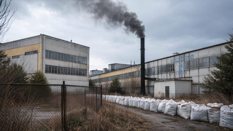 Zakład przemysłowy na Mazurach z czarnym dymem wydobywającym się z komina, otoczony workami na śmieci i ogrodzeniem.