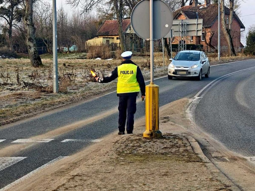 Policjant zatrzymuje pojazd na drodze podczas kontroli, w tle domy i drzewa.