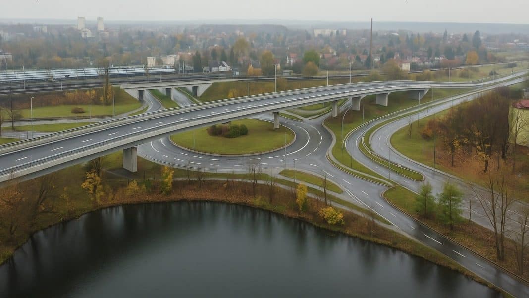 Widok na rozbudowane rondo z wieloma pasami i estakadami w Olsztynie, otoczone zielenią i jeziorem.
