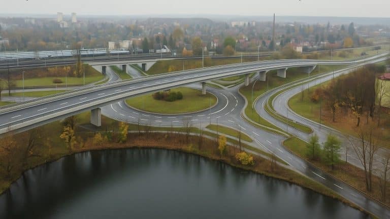 Widok na rozbudowane rondo z wieloma pasami i estakadami w Olsztynie, otoczone zielenią i jeziorem.