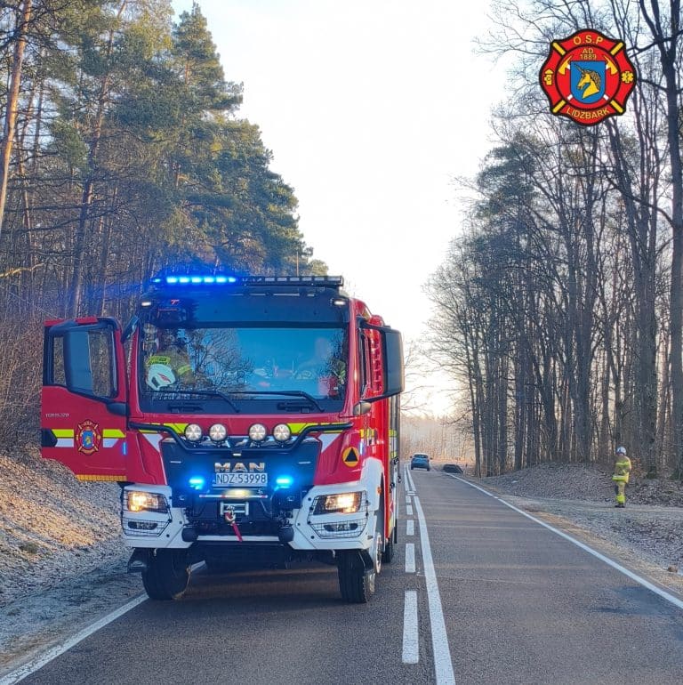 Samoch&oacute;d straży pożarnej na drodze w lesie, w tle służby i drzewostan.