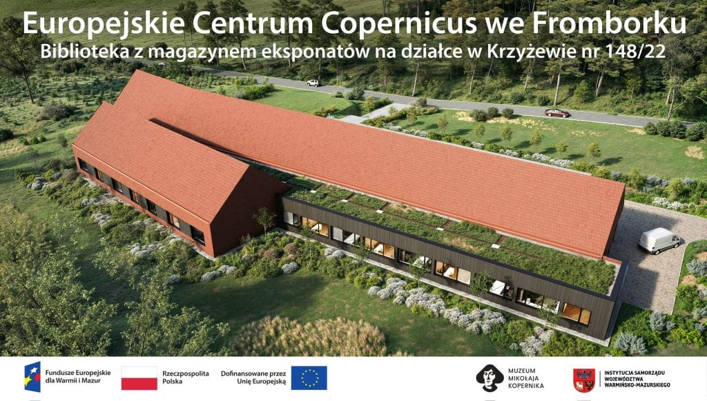 Perspektywa nowoczesnej biblioteki z magazynem eksponat&oacute;w w otoczeniu zieleni i zabytkowych budynk&oacute;w.