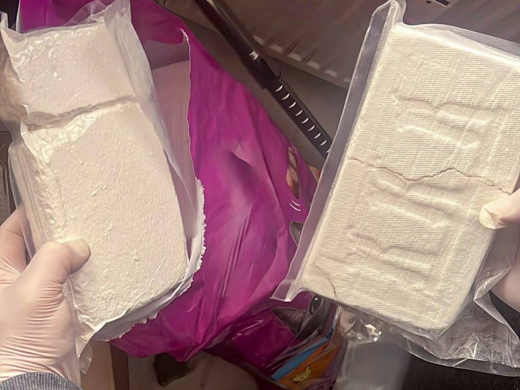 Zabezpieczone nielegalne towary w plastikowych opakowaniach, ręce w rękawiczkach, na tle samochodu.