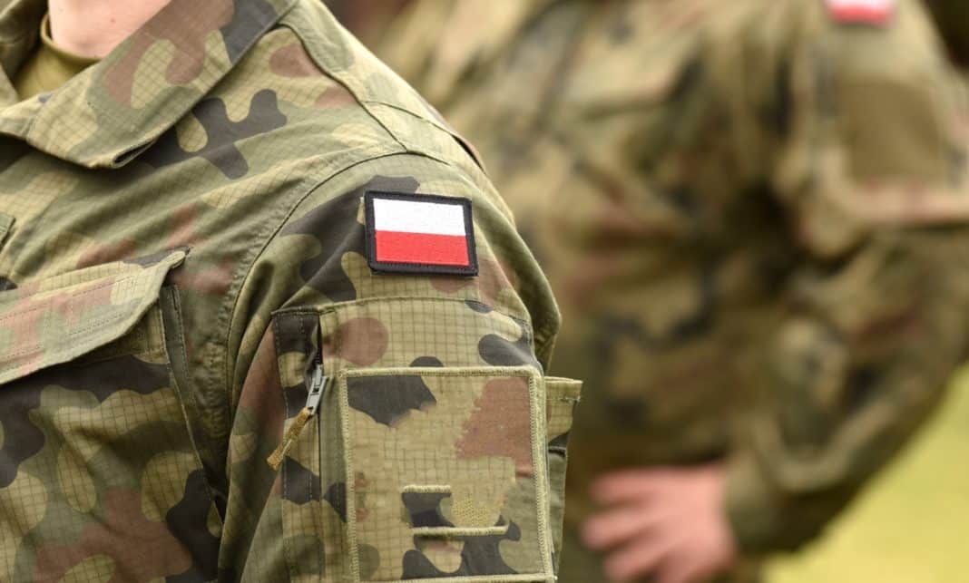 Żołnierz w mundurze wojskowym z polską flagą na ramieniu, na tle innych żołnierzy.