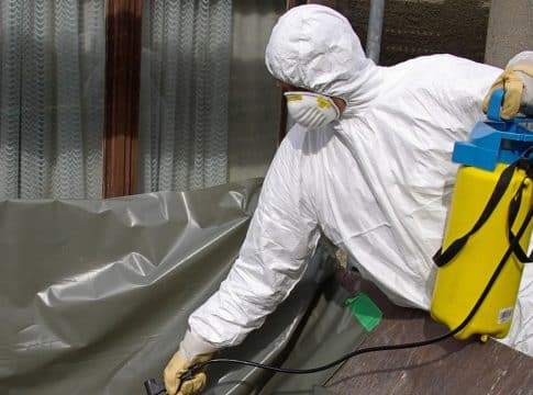 Pracownik w ochronnym kombinezonie i maseczce dezynfekuje teren wokół fermy drobiu.