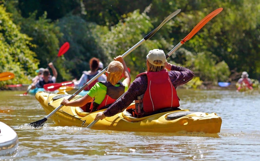 Grupa os&oacute;b pływających kajakami po rzece w otoczeniu zieleni.