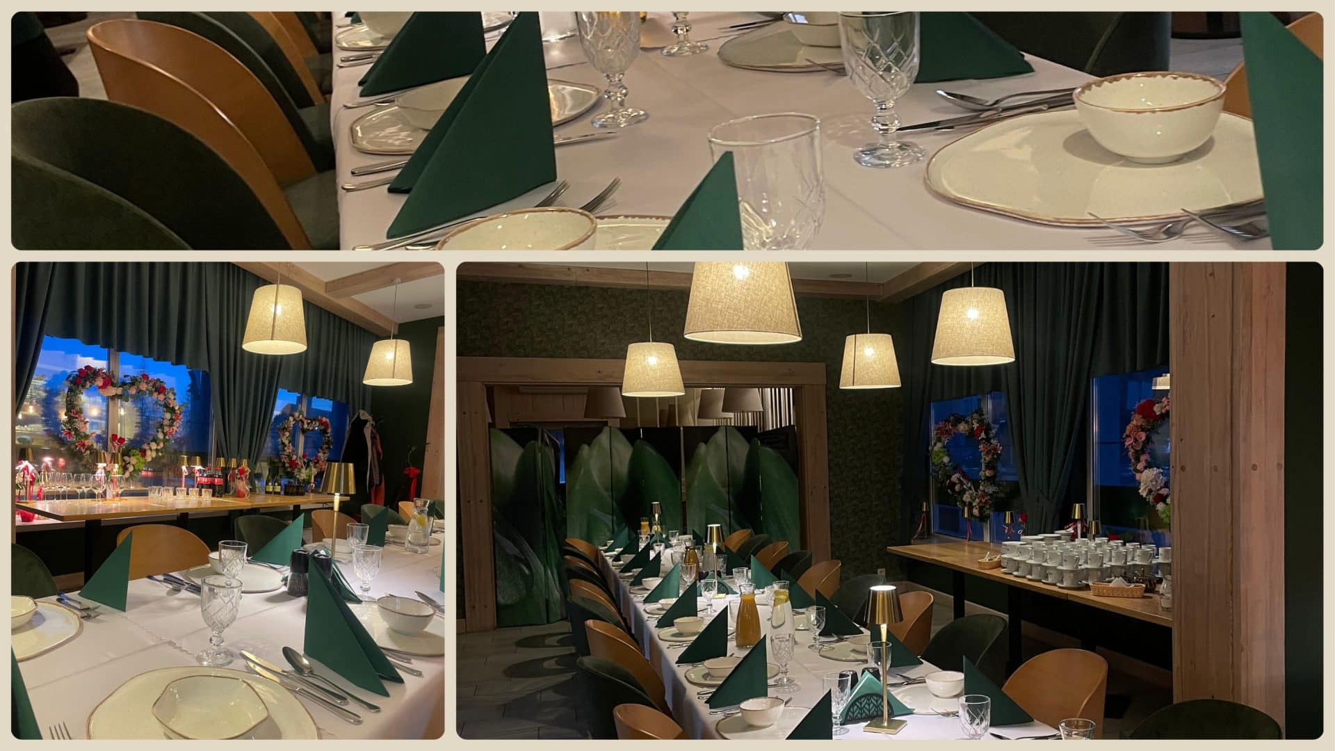 Wystr&oacute;j restauracji Rukola w Dywitach, elegancko nakryte stoły na uroczystość pożegnalną.