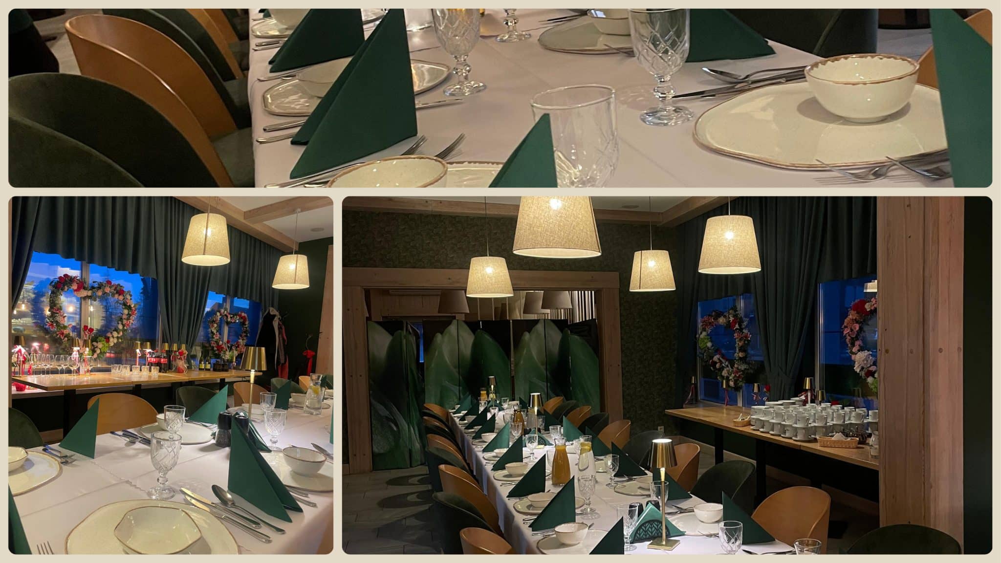 Wystrój restauracji Rukola w Dywitach, elegancko nakryte stoły na uroczystość pożegnalną.