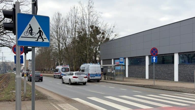 Na zdjęciu przejście dla pieszych z oznakowaniem, obok znajduje się przystanek autobusowy, w tle służby ratunkowe i samochody.